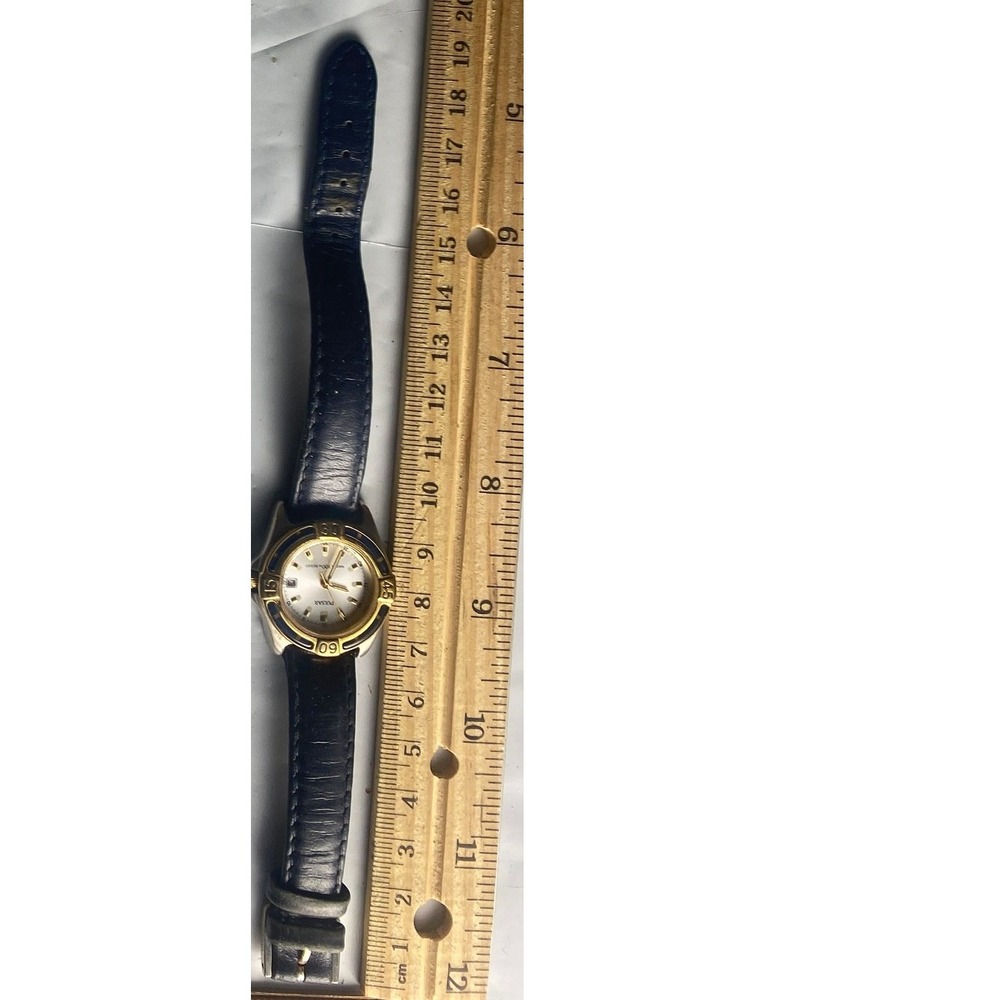 Womens Vintage Gold Tone White Dial Analog Quartz Watch Black Leather Band